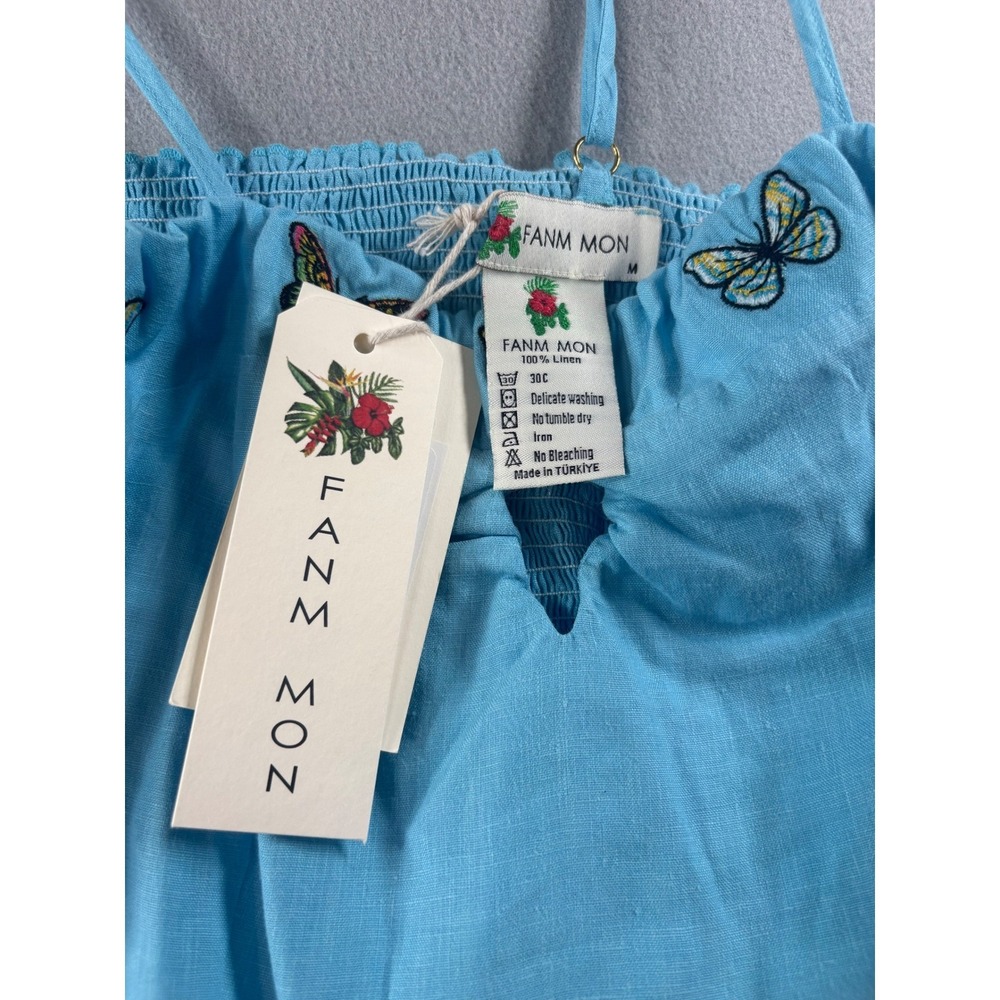 Fanm Mon Blue Linen Butterfly Embroidered Peplum Cami Top NWT Size Medium - Picture 4 of 7